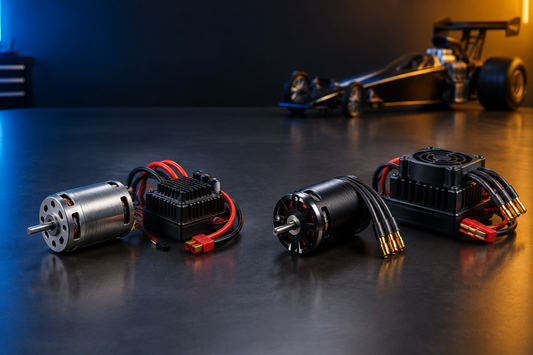 Dos conjuntos de motor y controlador ESC para RC sobre una mesa, ilustrando la comparación entre brushed y brushless.